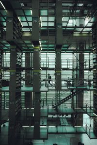 Modern glass office building interior